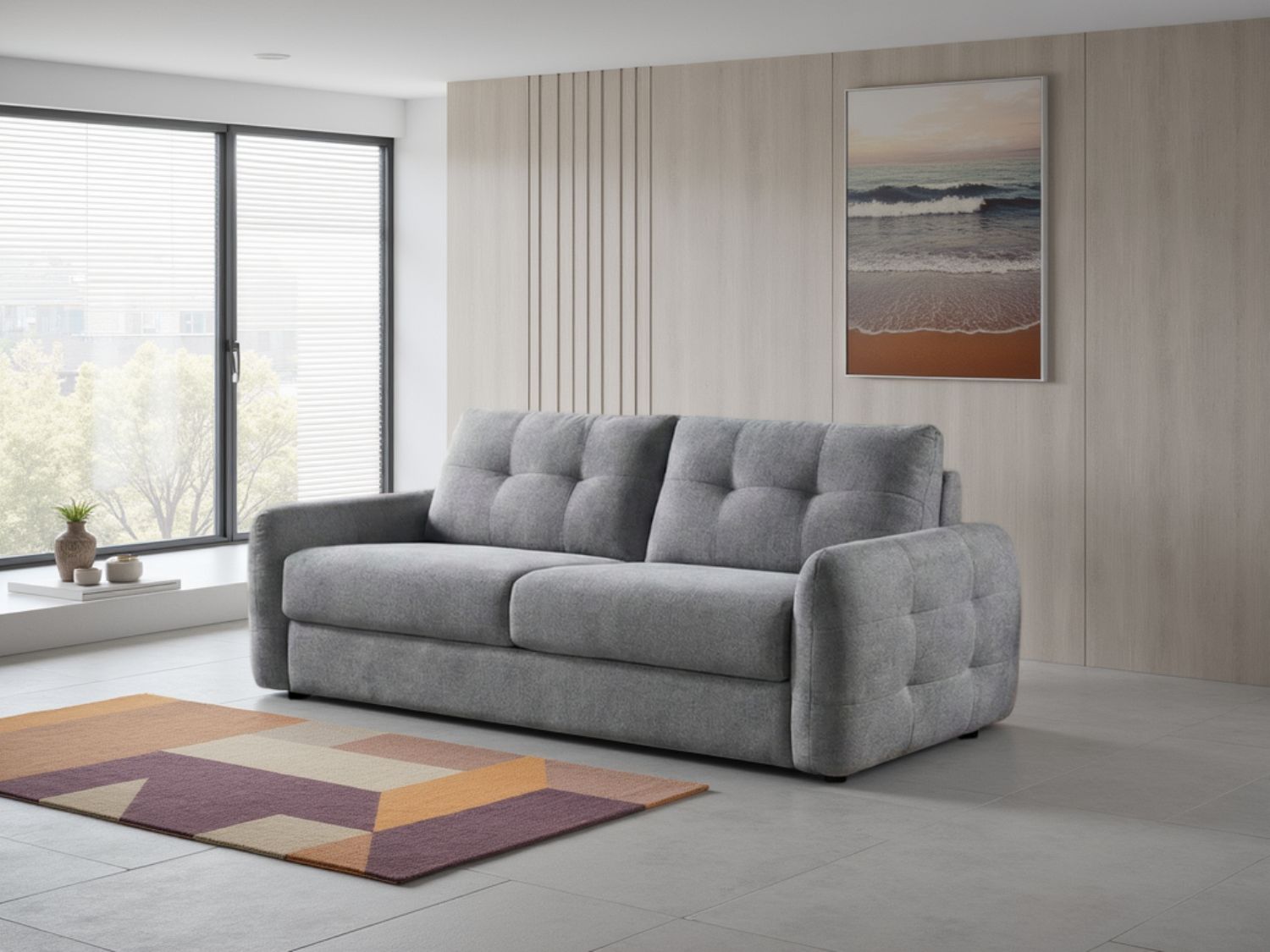Grey Textured Fabric 3 Seater Sofabed with Tufted Arms