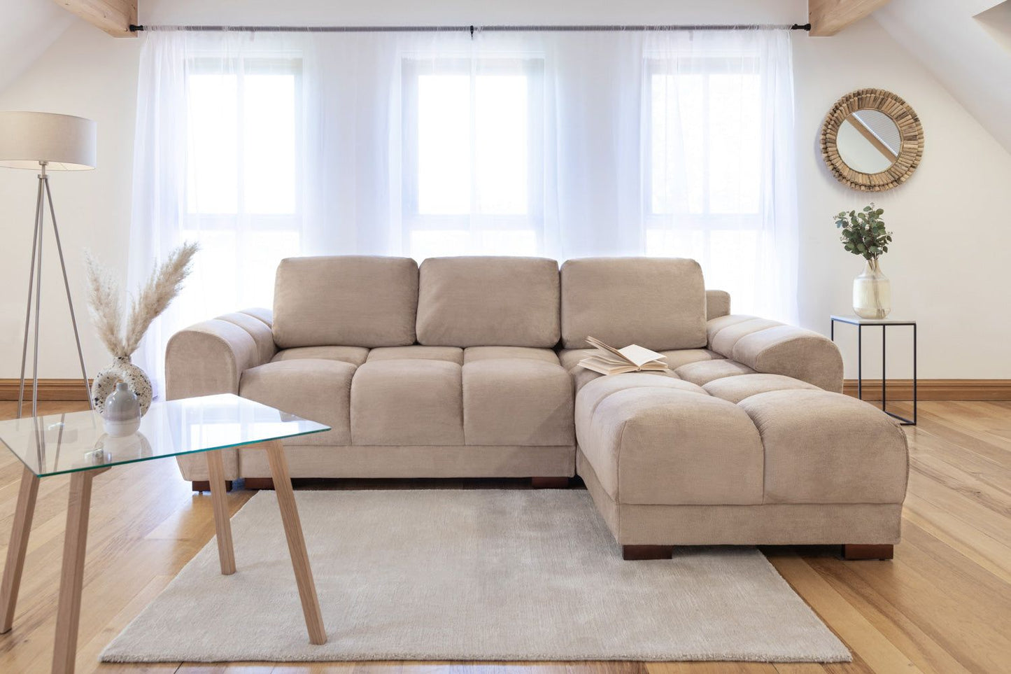 Mocha Velvet Upholstery Large Convertible Corner Sofabed