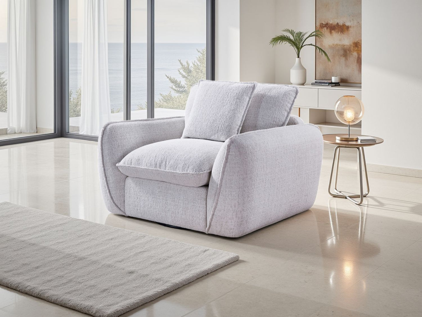 Beige Fabric Full Back Armchair with Piping Detail