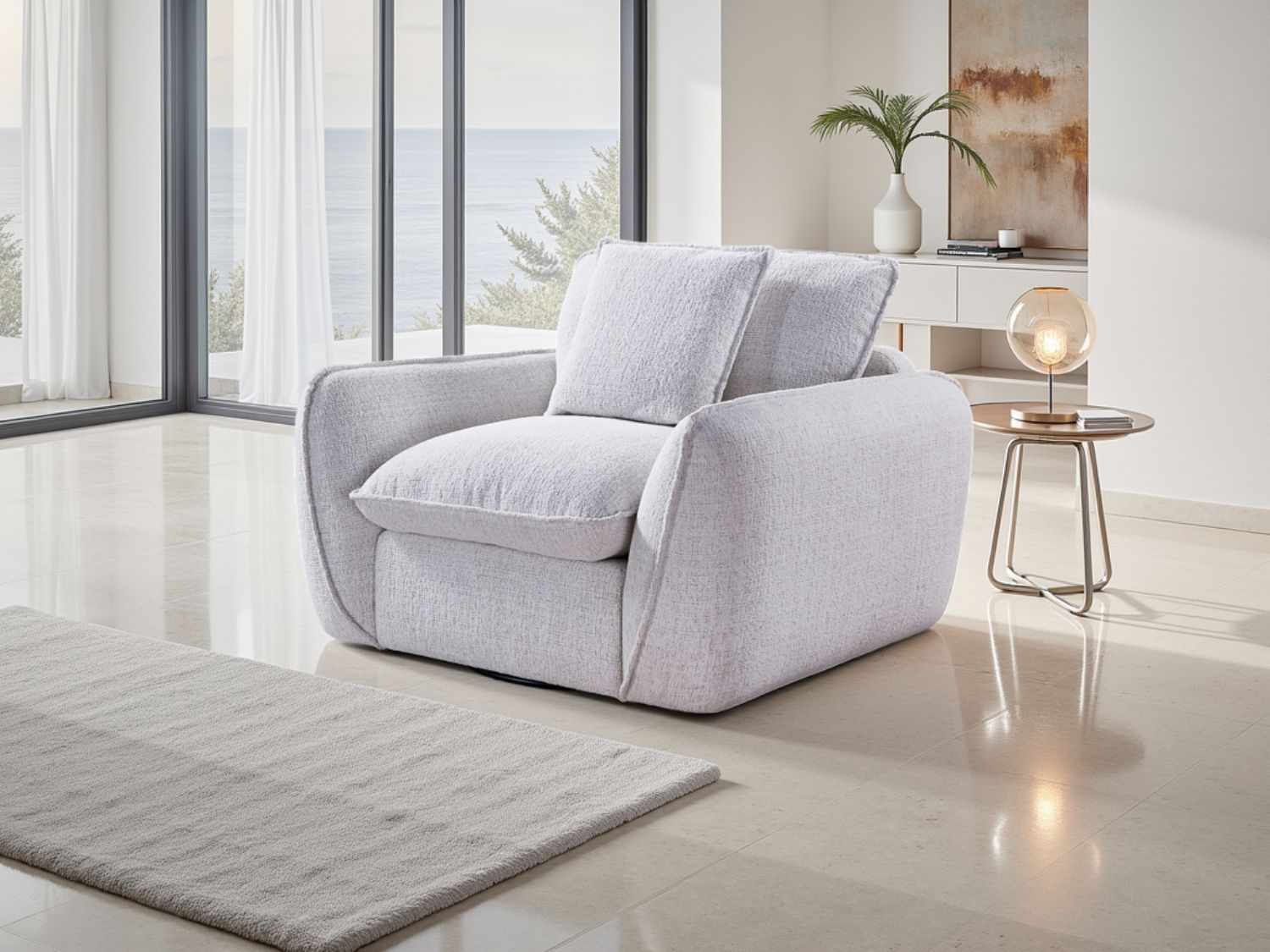 Beige Fabric Full Back Armchair with Piping Detail