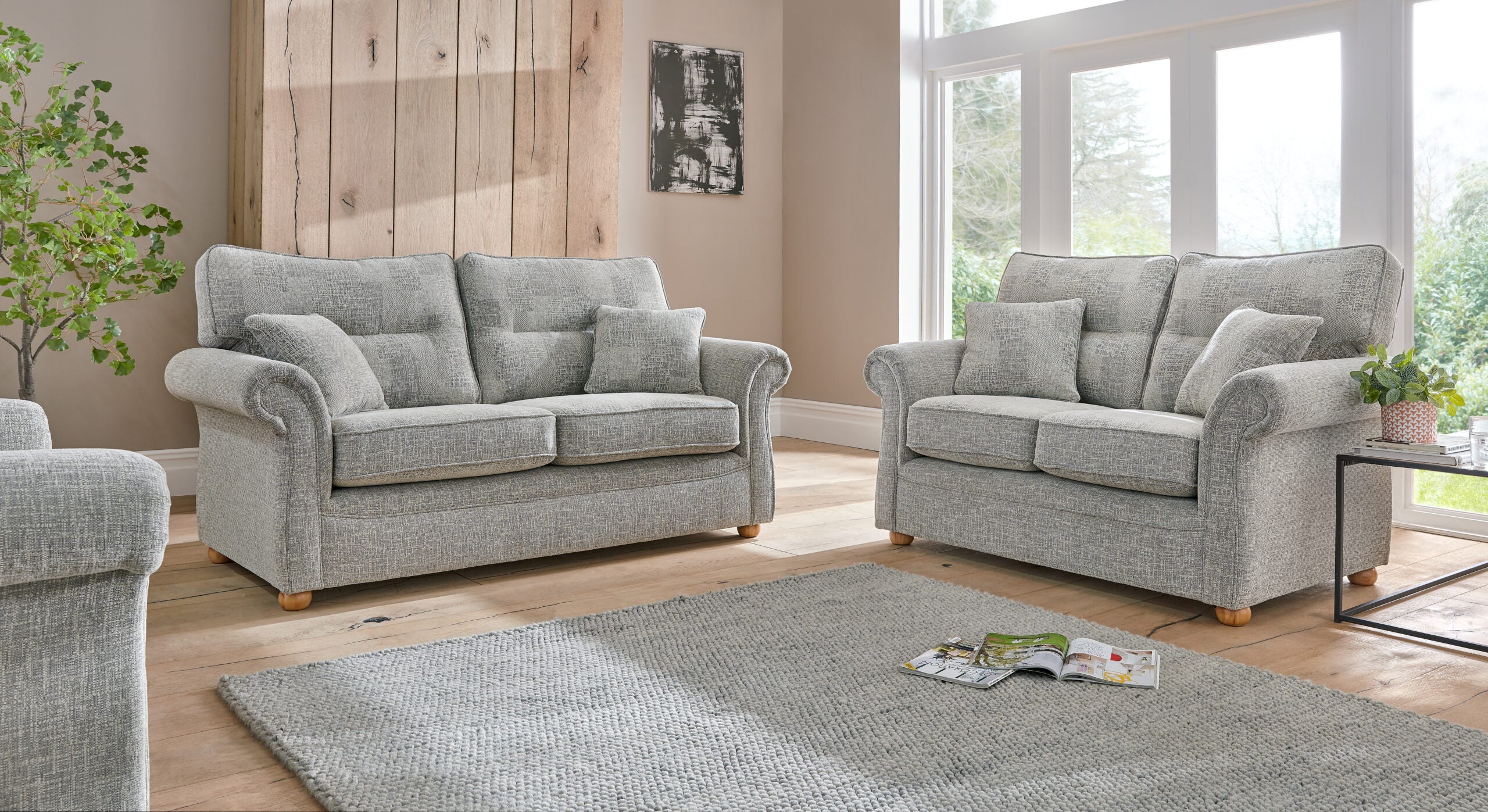 Boston Elegant Tweed Grey Fabric Sofas In Round Wooden Legs