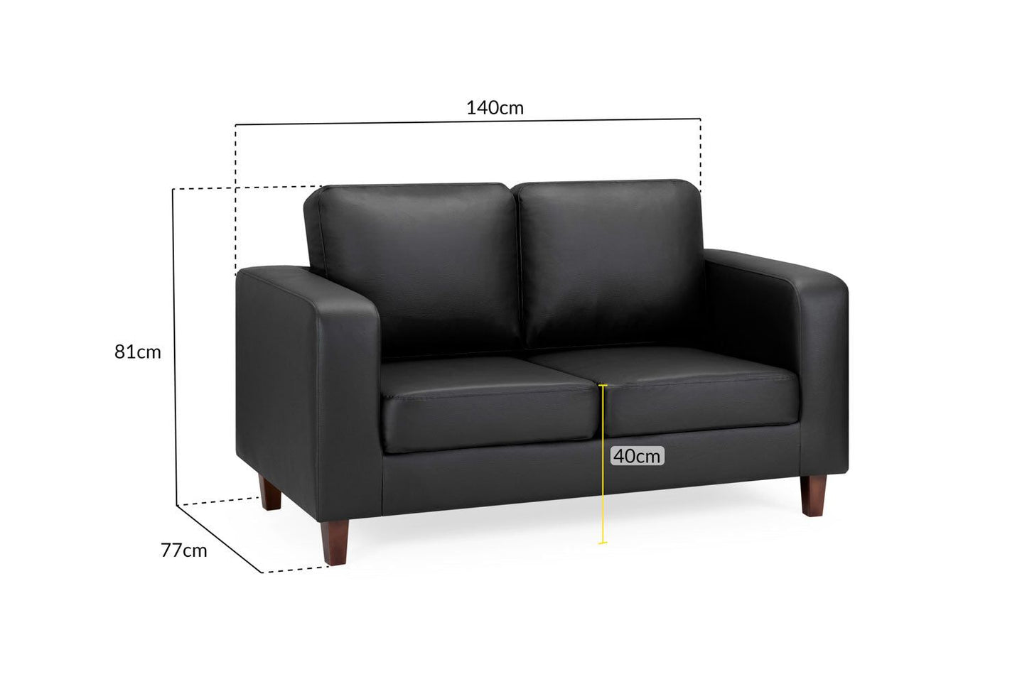 Black Leather Effect 2 Seater Sofa Wooden Feet
