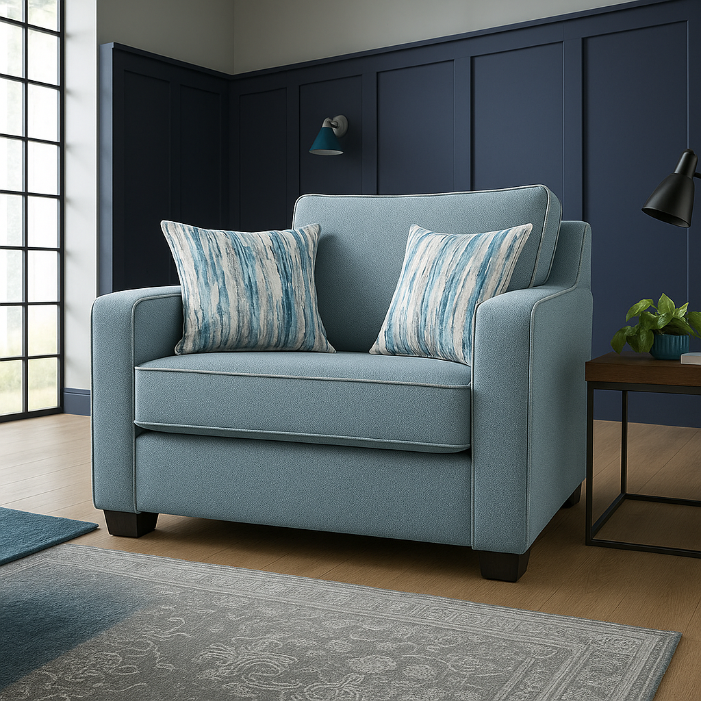 Milan Modern Elegance Armchair Garda Petrol Blue Fabric With Cushions