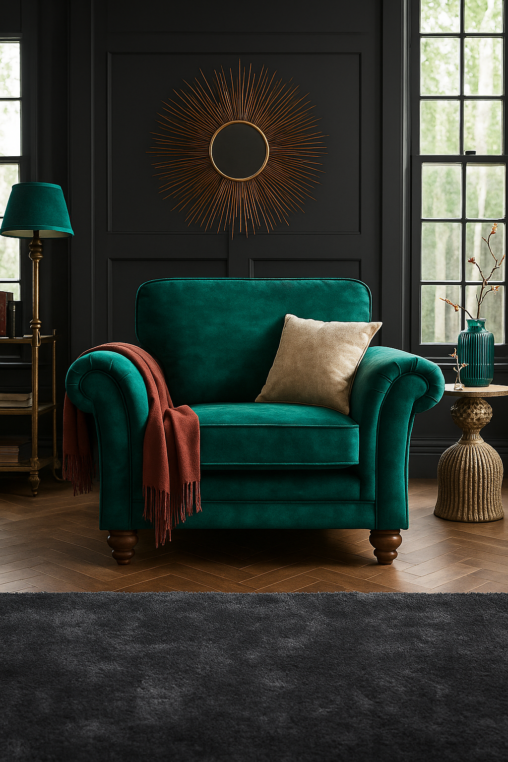 Genoa Handmade Armchair In Milano Emerald Green Fabric With Turned Wooden Legs