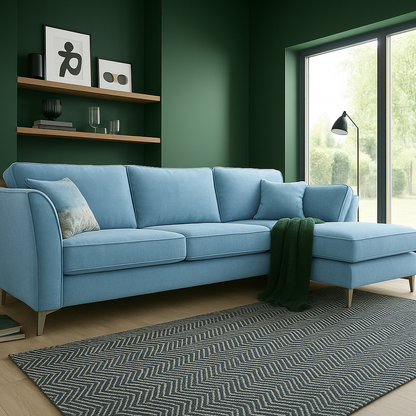 Rome Chaise L Shape Corner Sofa For Elderly In Aston Mustard Yellow Fabric With Metal Angled Feet