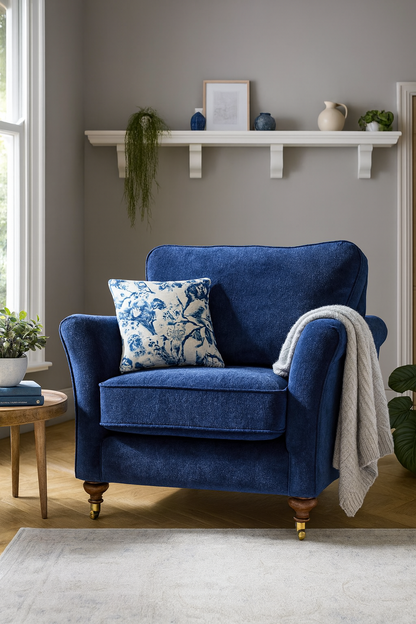 Windsor Fabric Sofa in Aston Navy Blue Velvet Fabric and Different Color Options