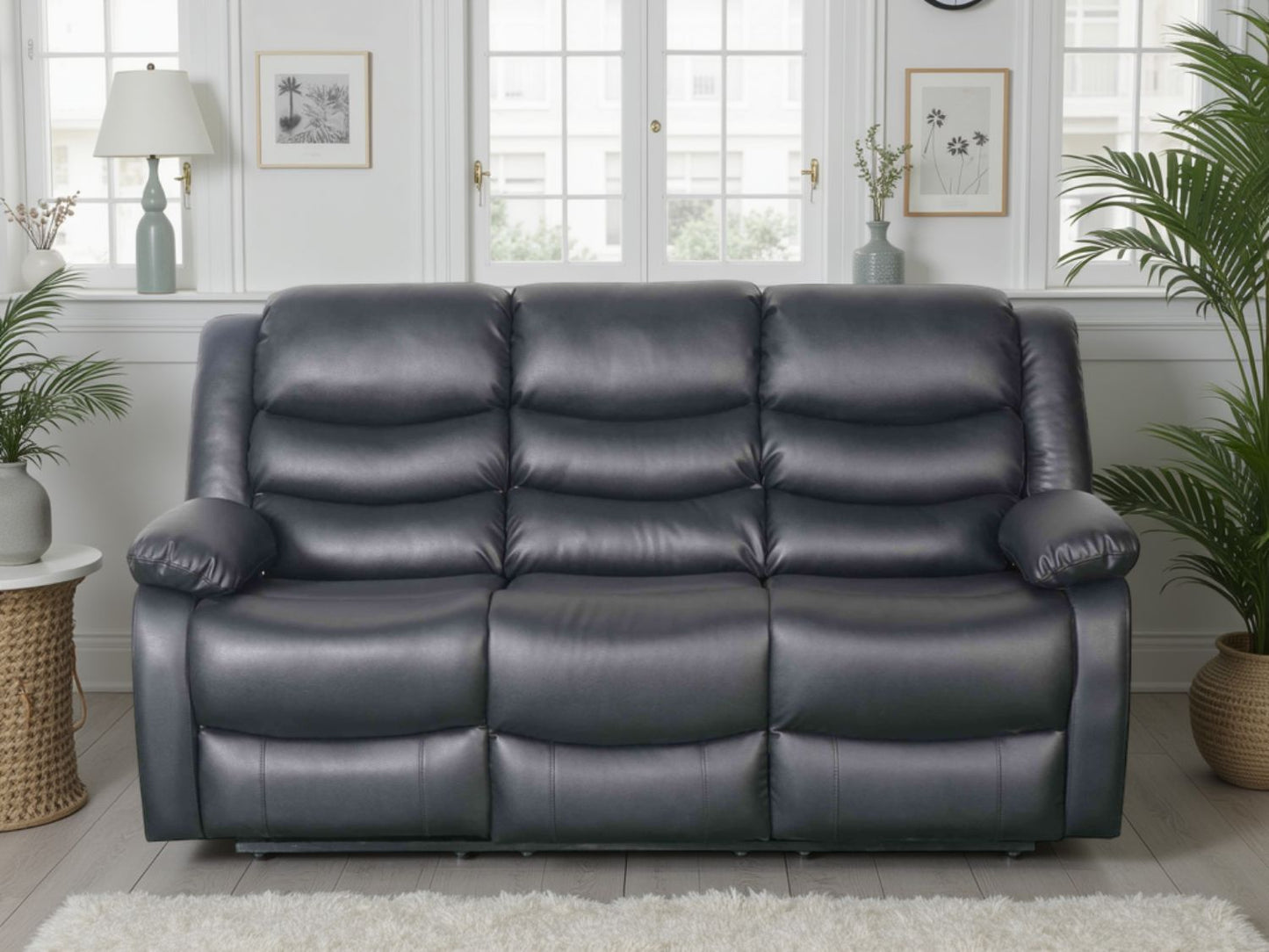 Black Leather Effect 3 Seater Manual Recliner Sofa