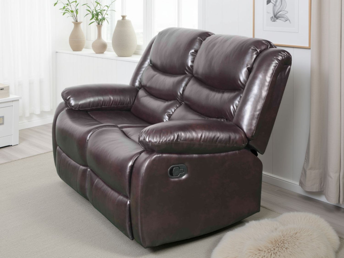 Brown Leather Effect 2 Seater Manual Recliner Sofa