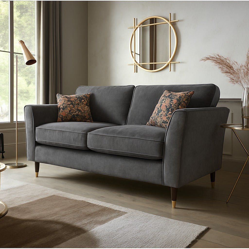 Rome 2 Seater Sofa In Dove Olive Green Fabric With Round Wooden Legs