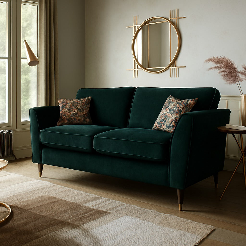 Rome 2 Seater Sofa In Dove Olive Green Fabric With Round Wooden Legs