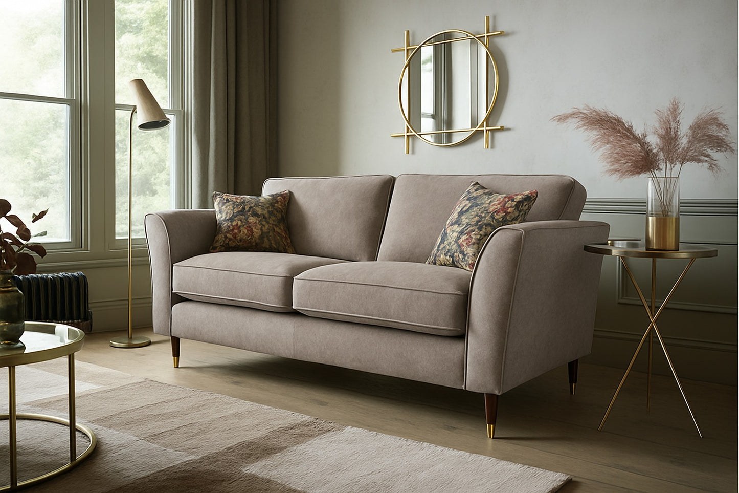 Rome 2 Seater Sofa In Dove Olive Green Fabric With Round Wooden Legs
