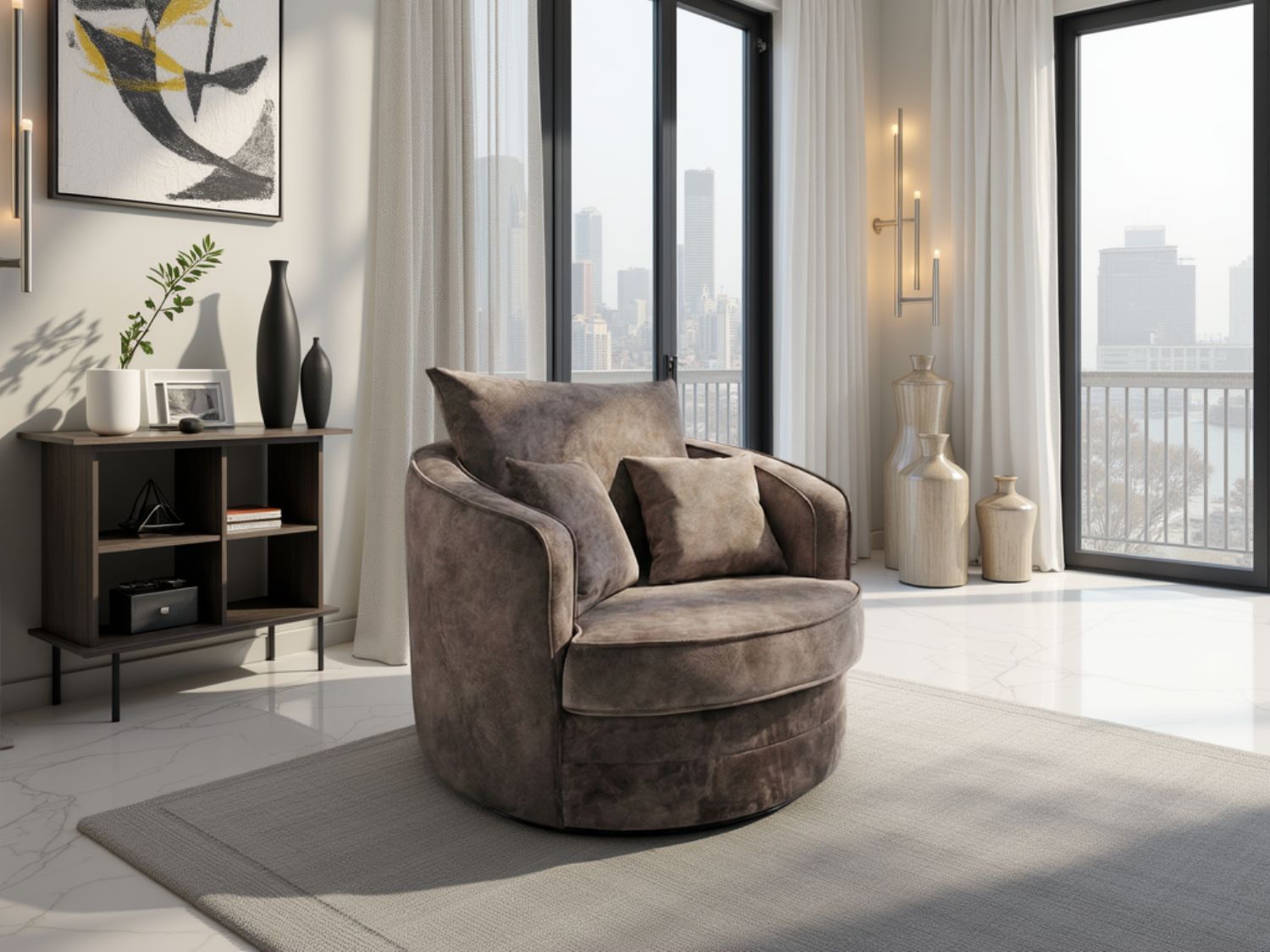 Brown Velvet Fabric Upholstered Swivel Accent Chair