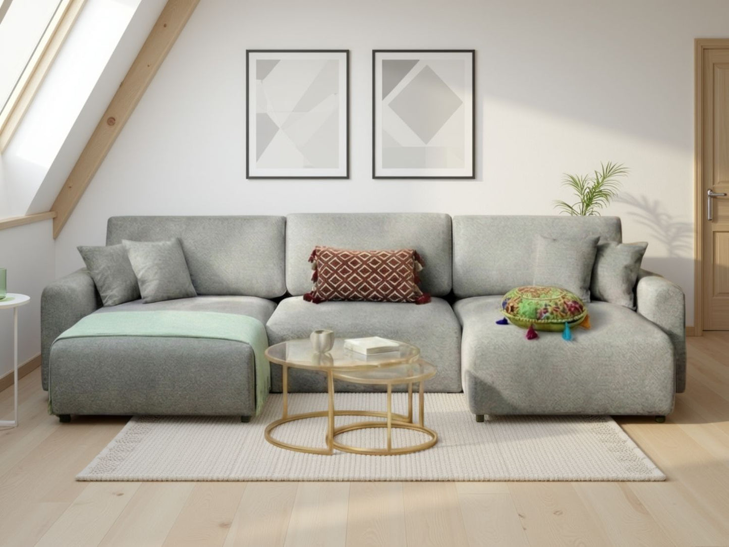 Grey Fabric Large U Shape Corner Sofa Bed with Storage
