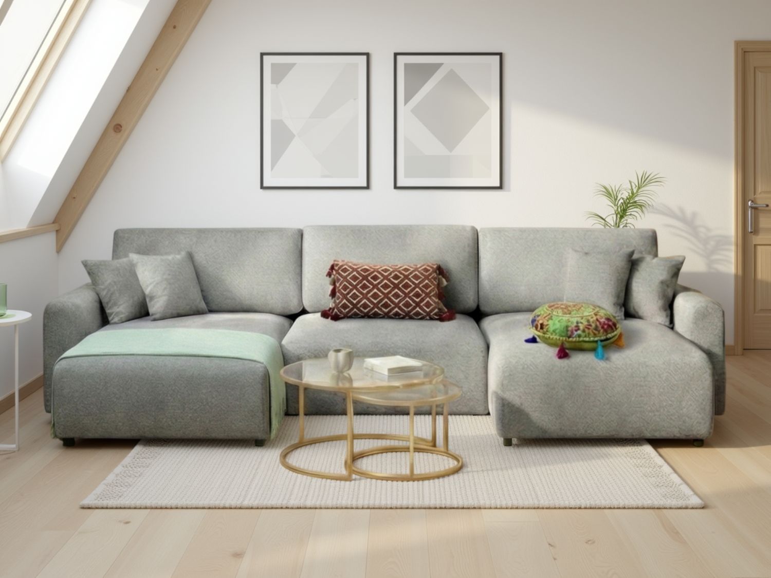 Grey Fabric Large U Shape Corner Sofa Bed with Storage