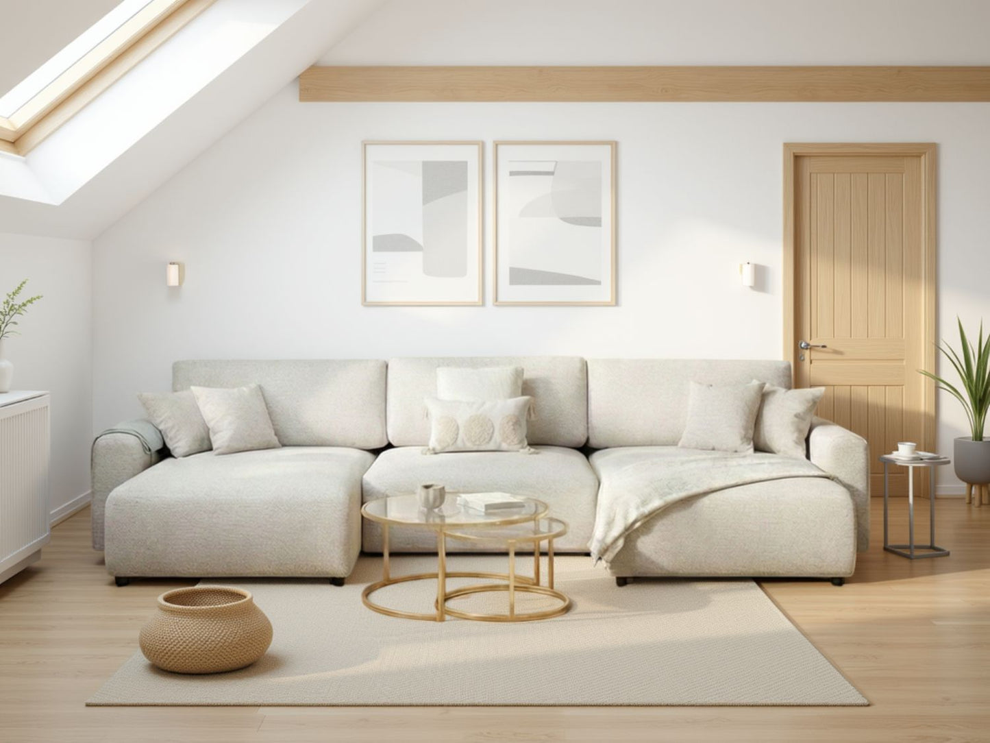 Beige Fabric Large U Shape Corner Sofa Bed with Storage