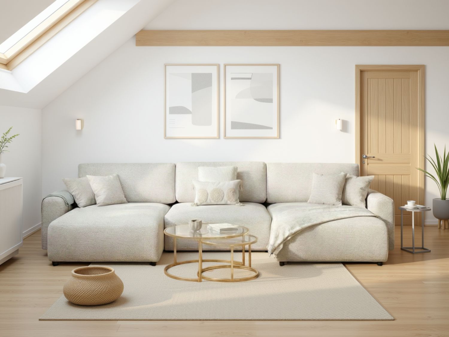 Beige Fabric Large U Shape Corner Sofa Bed with Storage