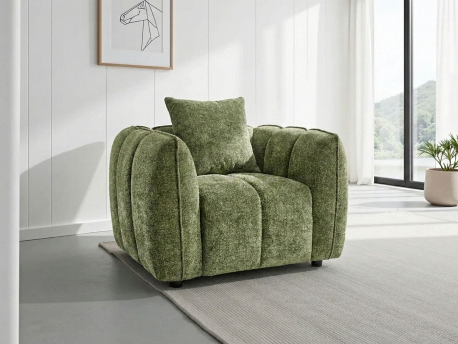 Olive Green Fabric Tufted Design Armchair Pillow Back