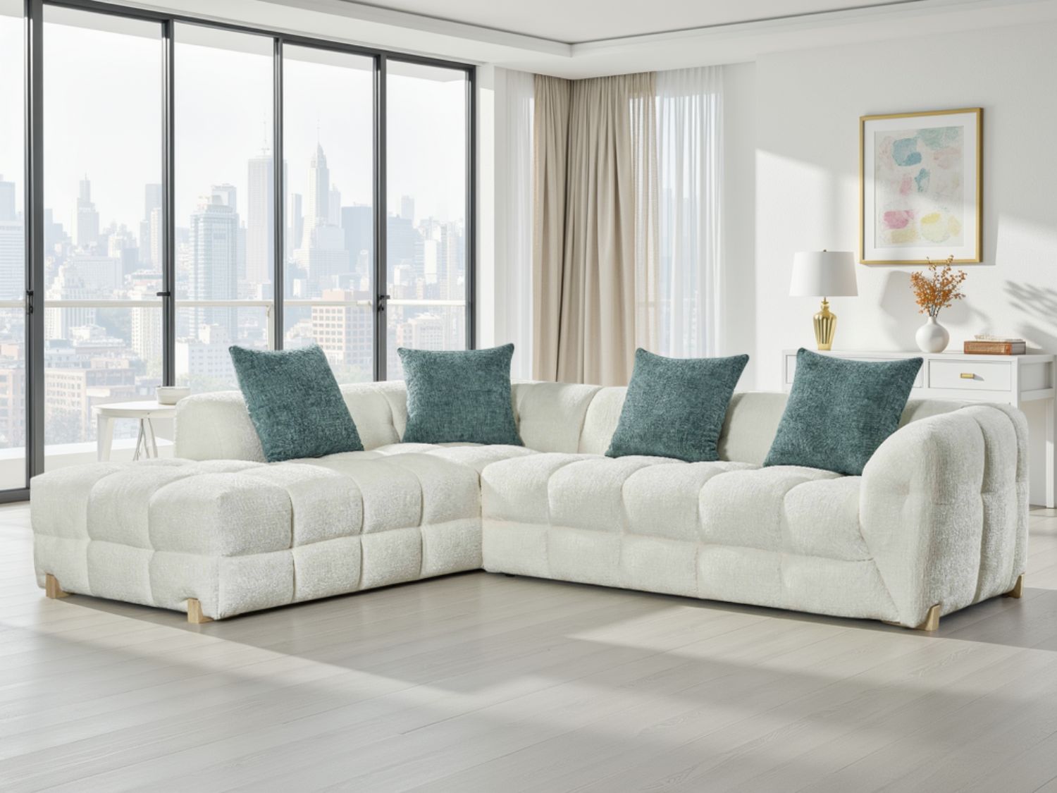Beige Fabric L Shaped Left Hand Facing Corner Sofa