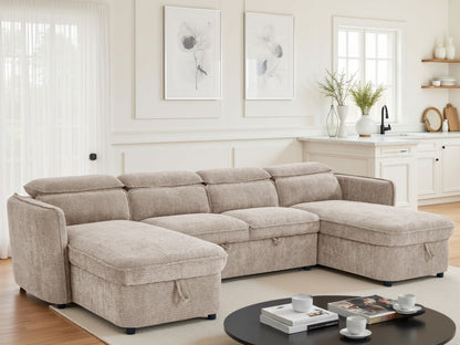 Beige Fabric Large U Shape Corner Chaise Sofa Bed