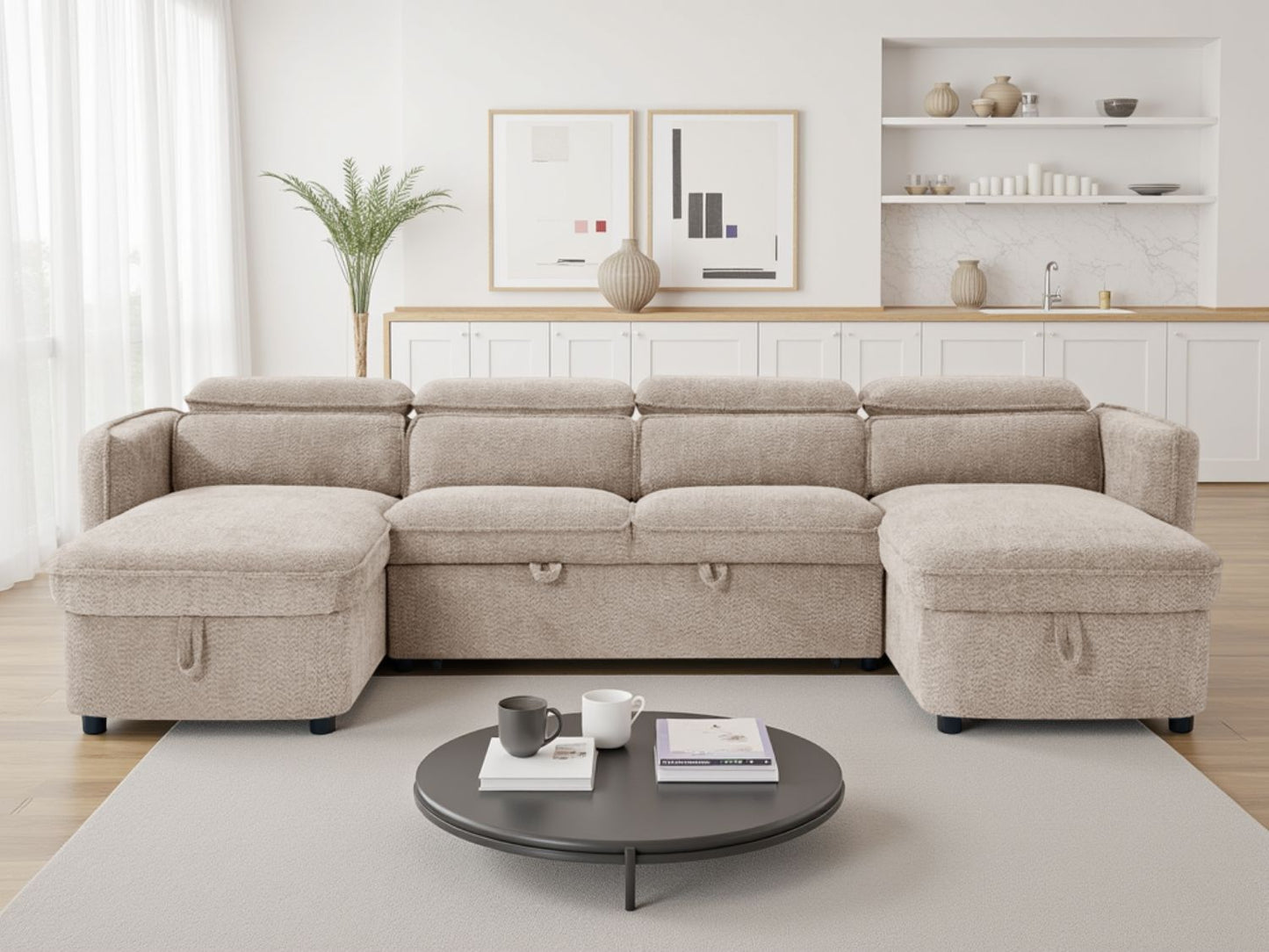 Beige Fabric Large U Shape Corner Chaise Sofa Bed