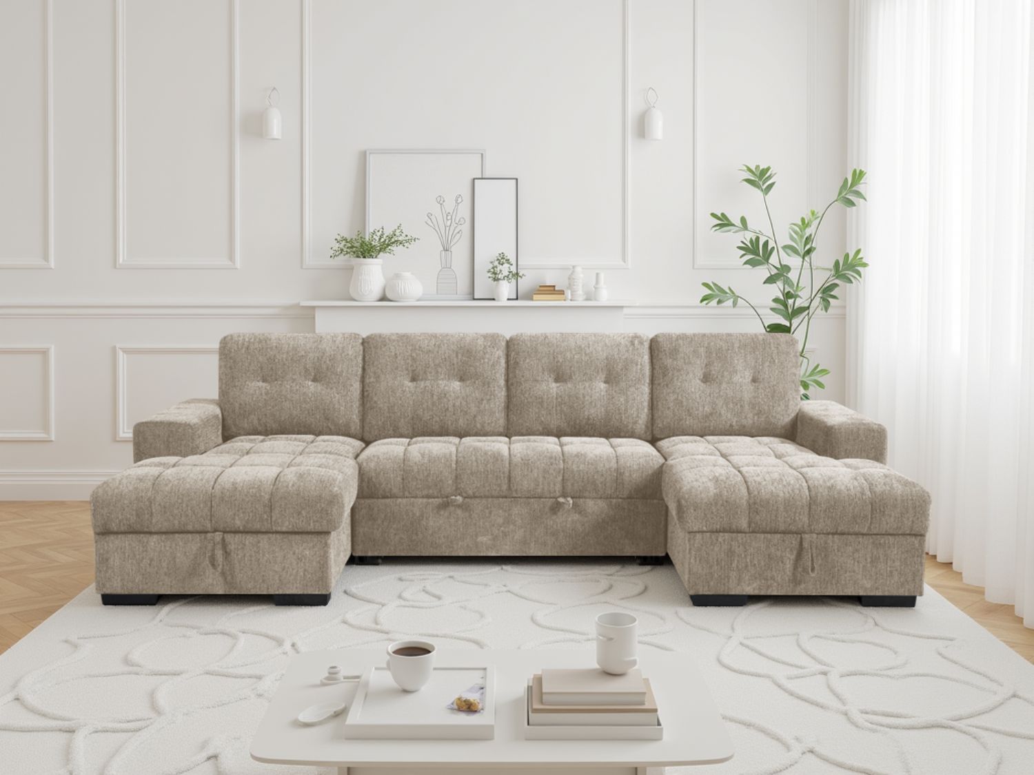 Beige Fabric Large U Shape Corner Chaise Sofa Bed