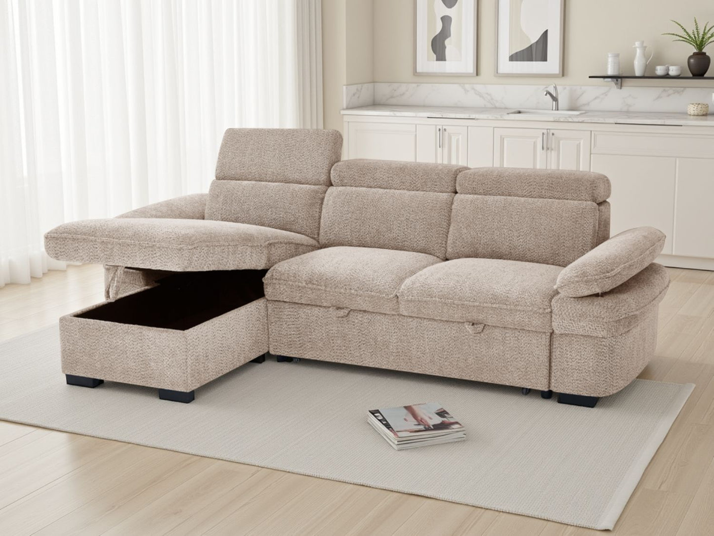 Beige Fabric Universal Corner Sofabed with Adjustable Arms
