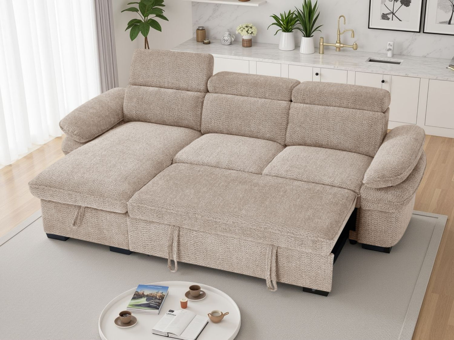Beige Fabric Universal Corner Sofabed with Adjustable Arms