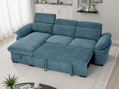 Blue Textured Fabric Corner Chaise Sofa Bed Adjustable Arms