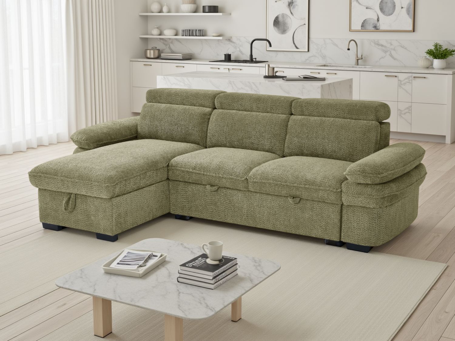 Green Fabric Universal Corner Sofabed with Adjustable Arms