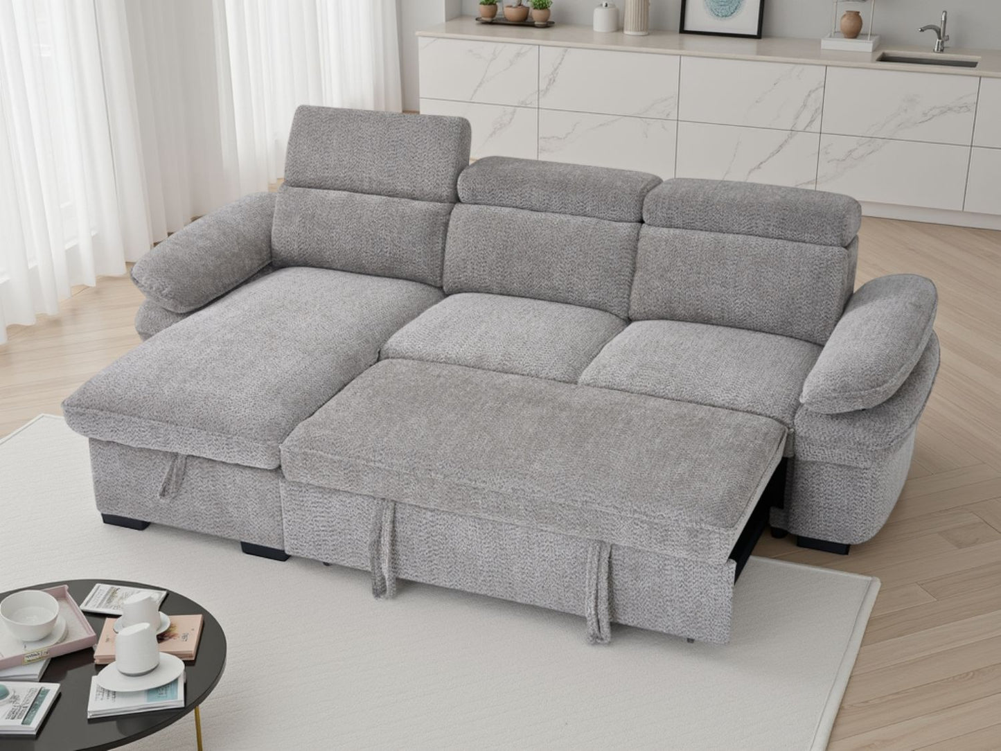 Grey Textured Fabric Corner Chaise Sofa Bed Adjustable Arms