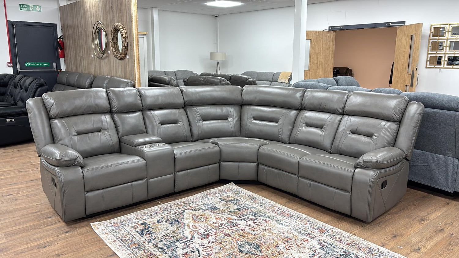 Grey Leather Effect Large Corner Recliner Sofa with Console