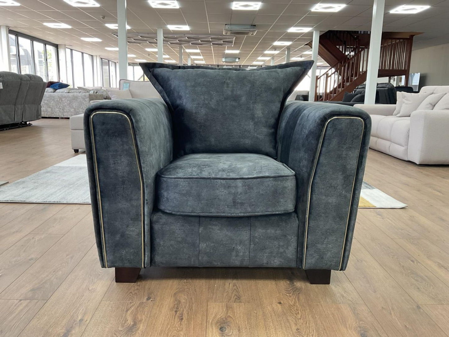Charcoal Black Velvet Fabric Armchair with Metal Trim Arms