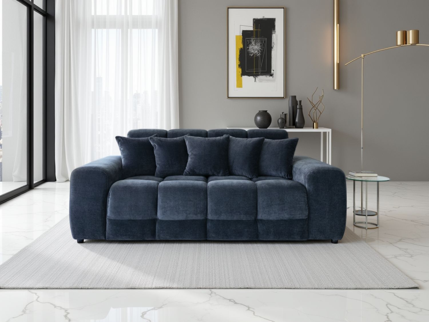 Black Velvet Fabric Upholstered 3 Seater Sofa
