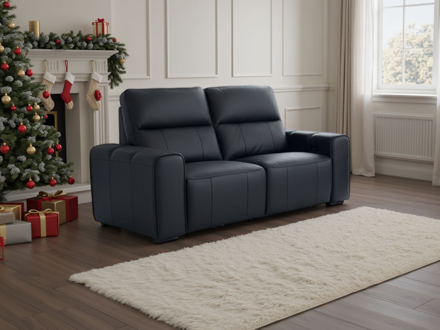 Black Leather 2 Seater Electric Recliner Sofa with Headrest