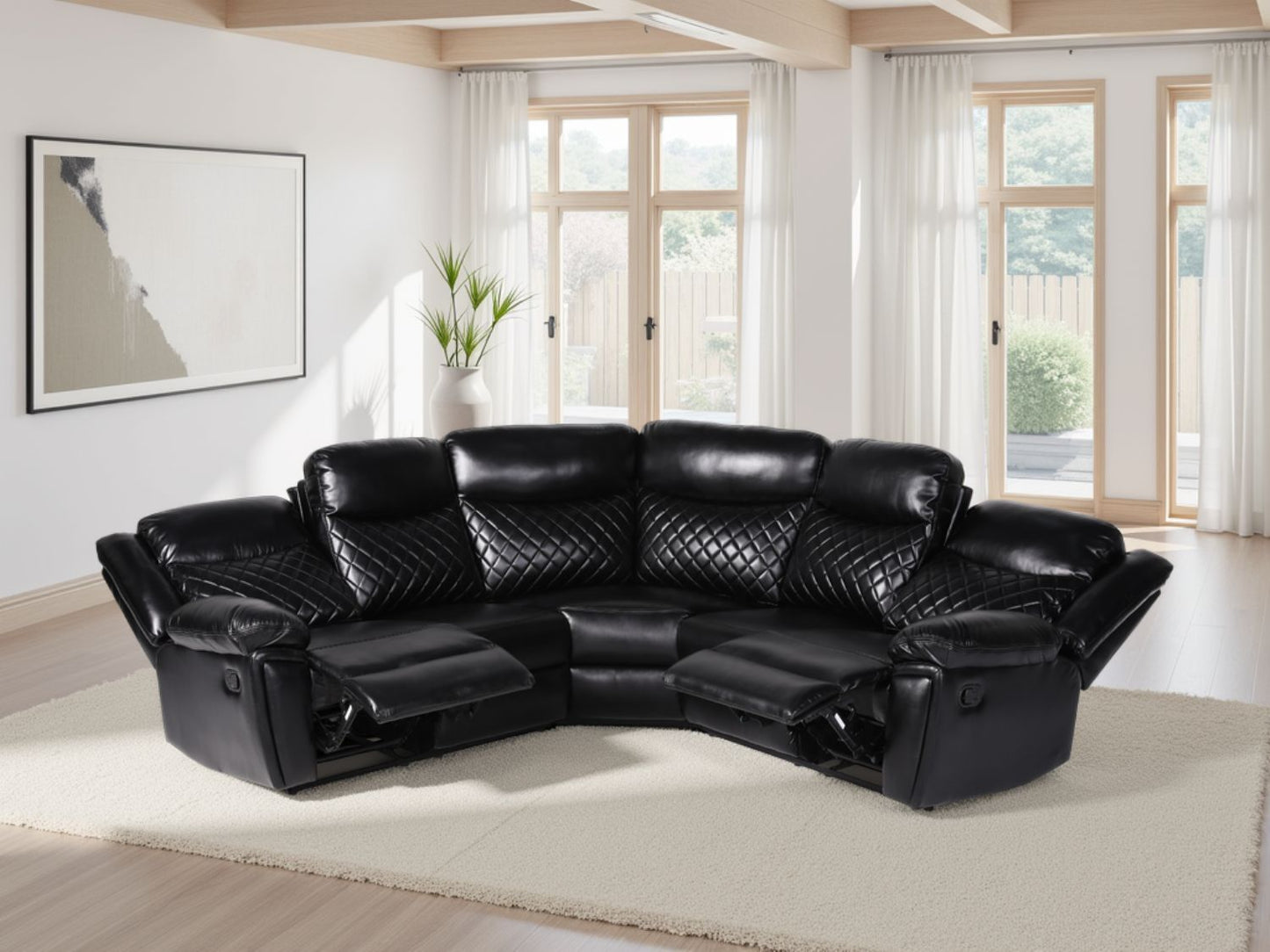 Black Leather Effect Large Manual Recliner Corner Sofa
