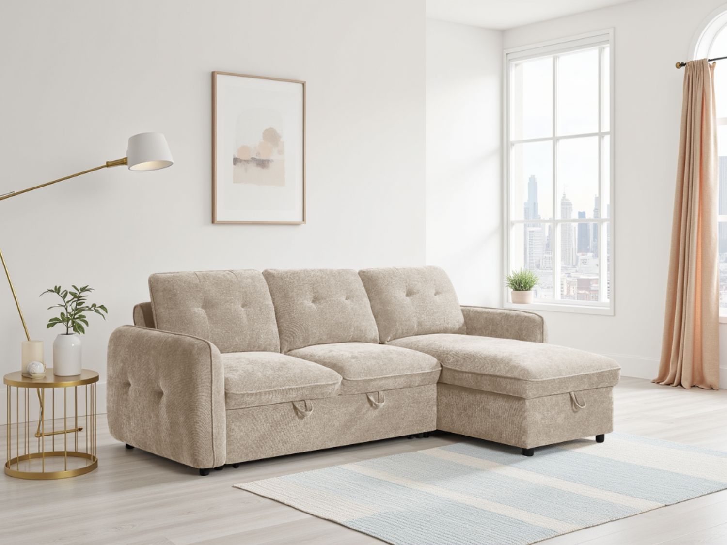 Beige Fabric Universal Corner Chaise Sofabed