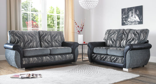 Mandy Handmade Quality Motif Fabric And Black Leather Sofas