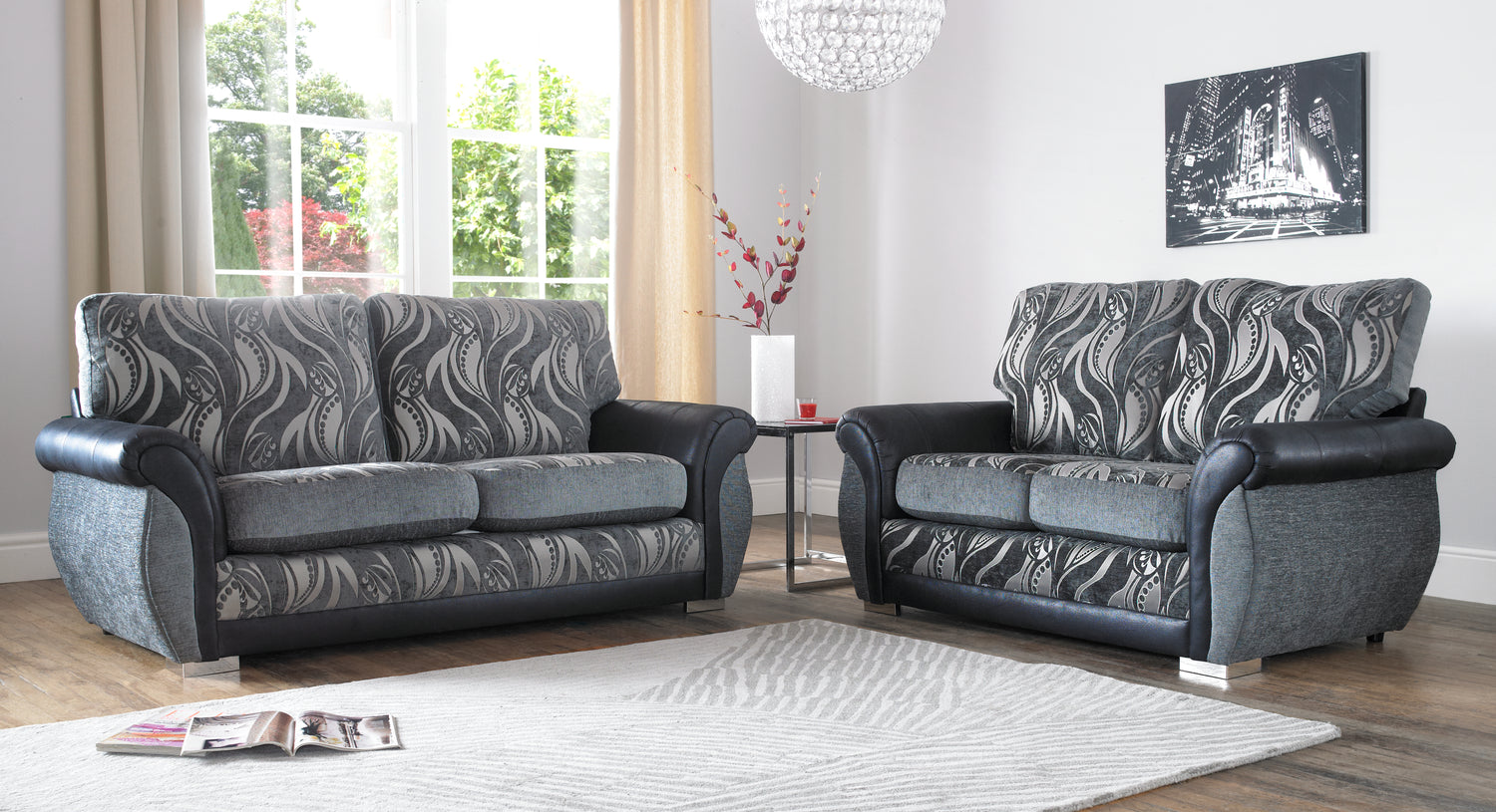 Mandy Handmade Quality Motif Fabric And Black Leather Sofas