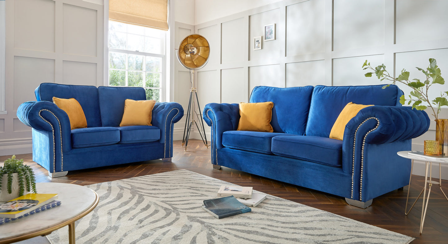 Manhattan Blue Fabric Sofas Chesterfield Style Arms With Chrome Feet