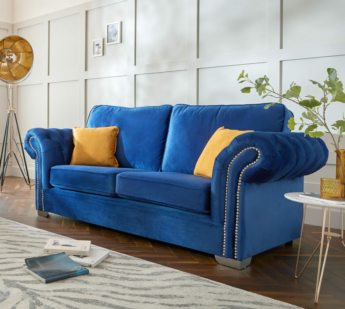 Manhattan Blue Fabric Sofas Chesterfield Style Arms With Chrome Feet