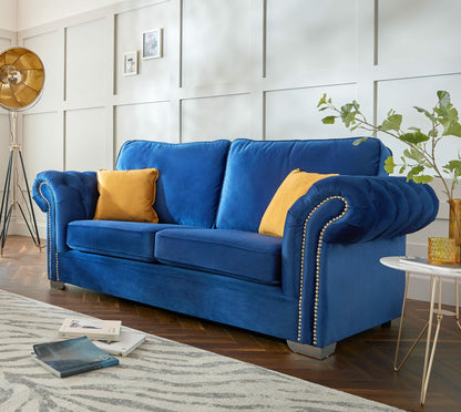 Manhattan Blue Fabric Sofas Chesterfield Style Arms With Chrome Feet