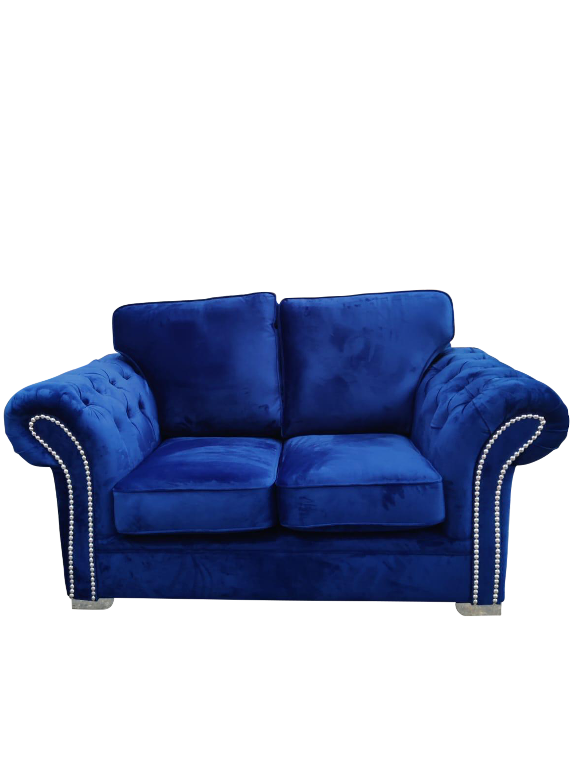 Manhattan Blue Fabric Sofas Chesterfield Style Arms With Chrome Feet