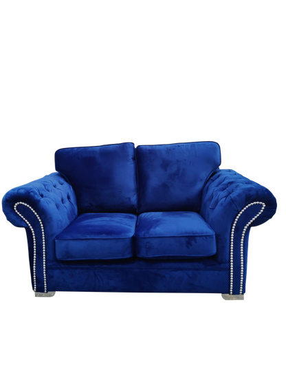 Manhattan Blue Fabric Sofas Chesterfield Style Arms With Chrome Feet