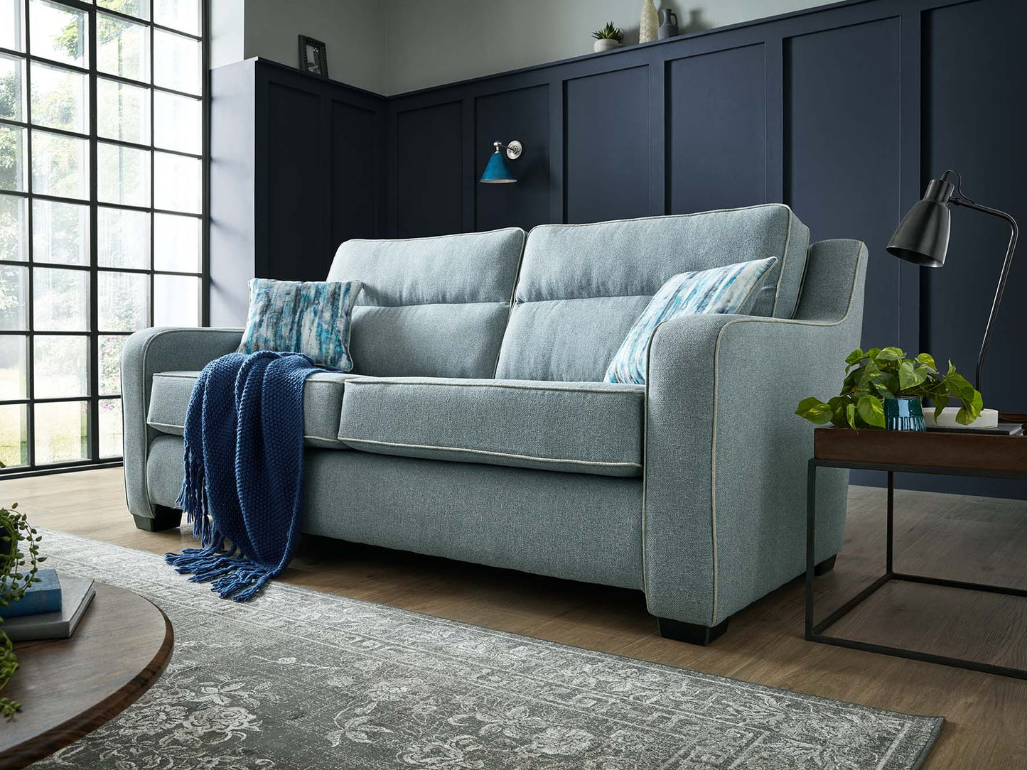 Milan Modern Elegance Sofas Garda Petrol Blue Fabric With Cushions