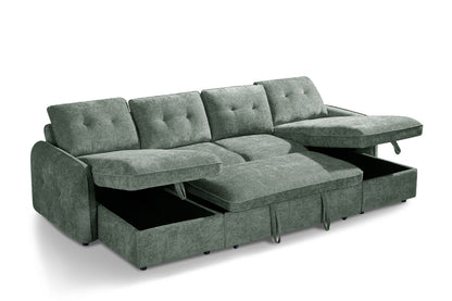 Green Textured Fabric Large U Shape Corner Chaise Sofa Bed