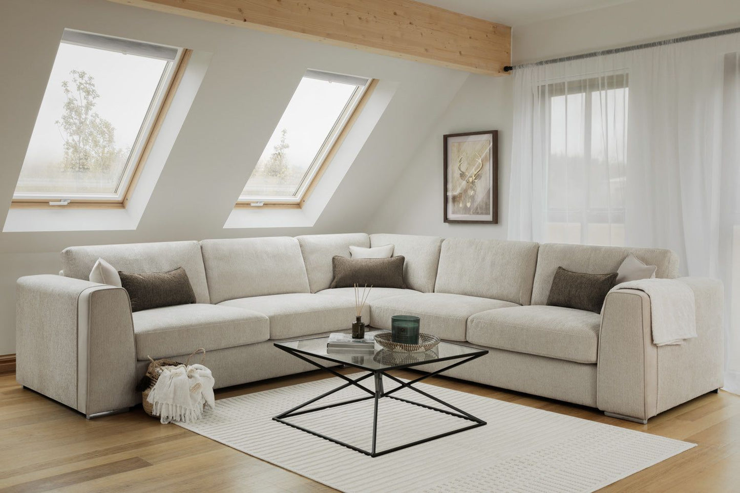 Beige Fabric Large Corner Sofa Group