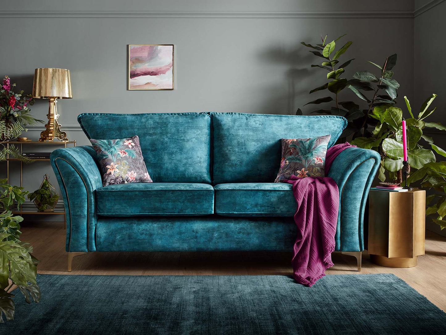 Verona Luxury Milano Teal Blue Fabric Sofa With Steel Legs