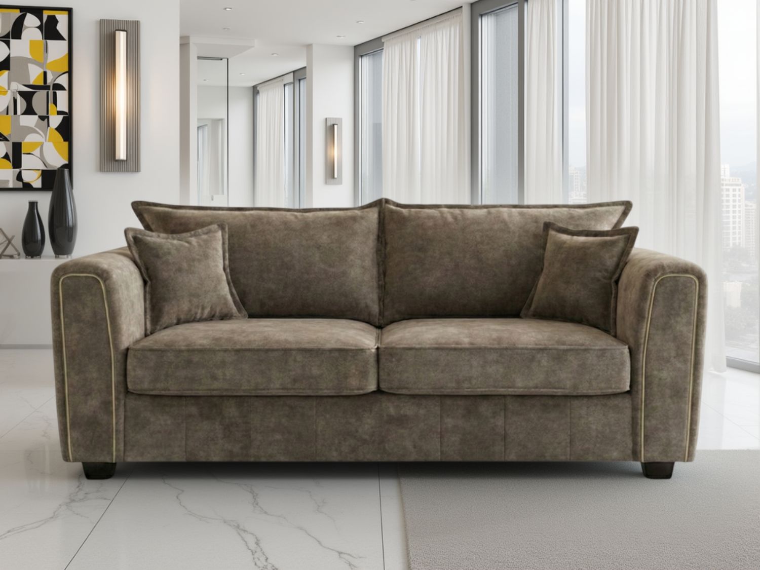 Brown Leather Effect 3 Seater Sofa with Quilted Sides