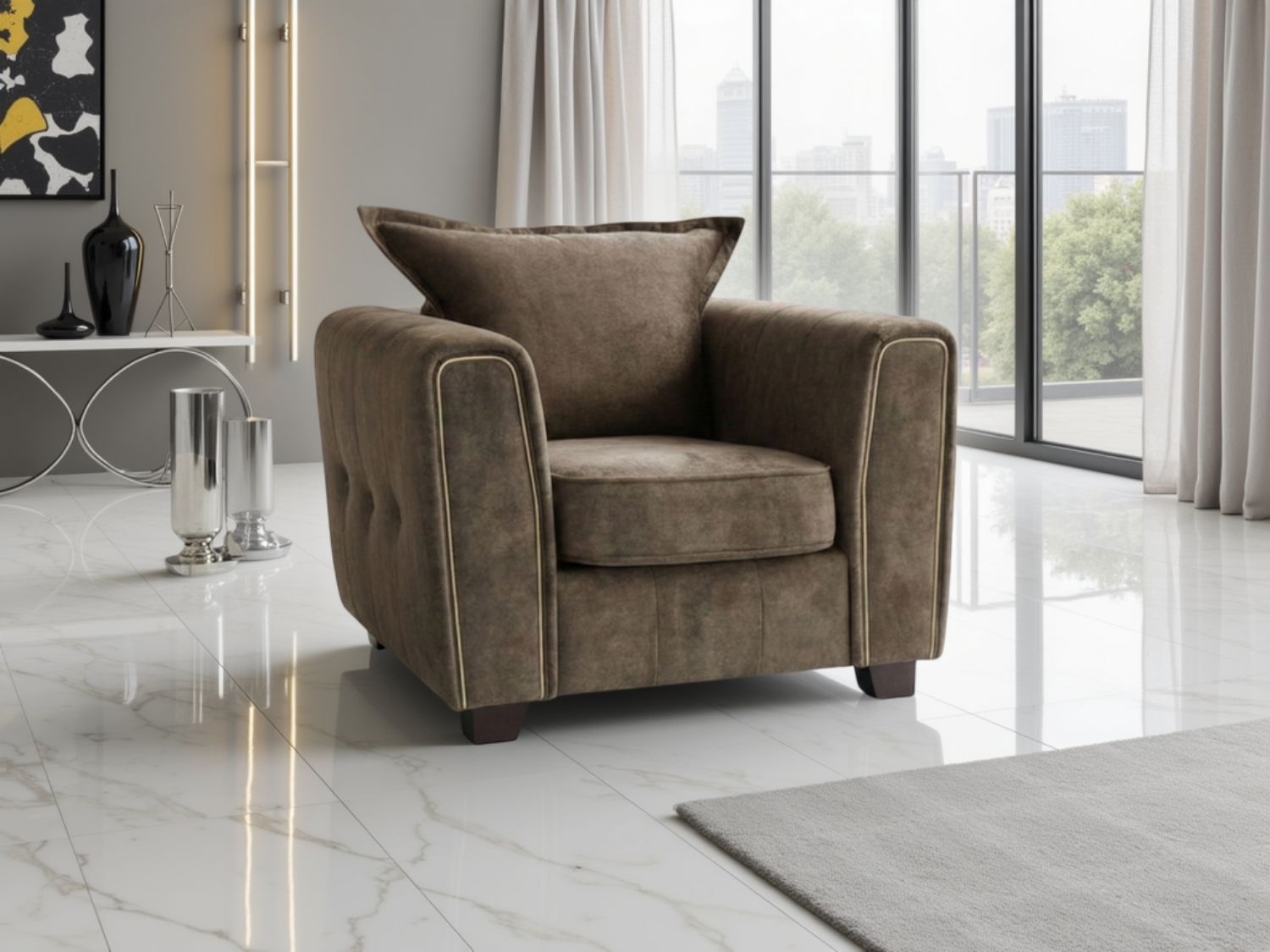 Brown Leather Effect High Pillow Back Armchair Metal Trims