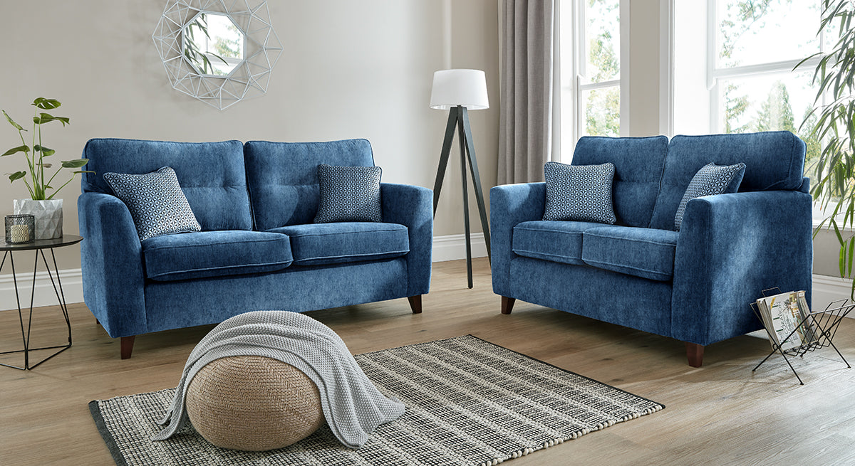 Skye Premium Navy Blue Fabric Mahogany High Feet Sofas